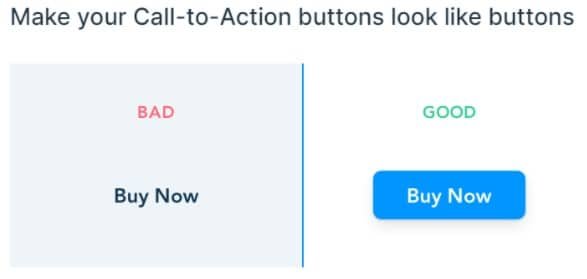 Comparison showing a bad text-only link versus a good high-contrast CTA button for a website launch checklist.